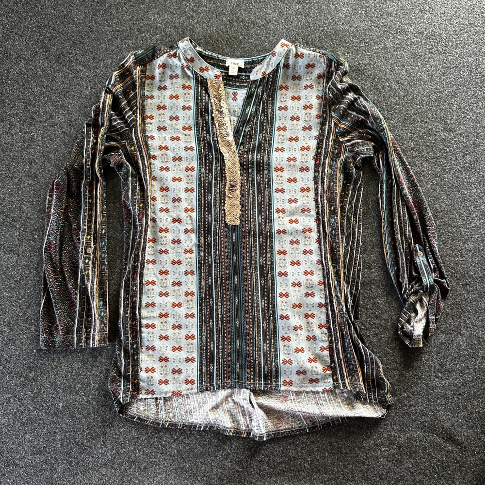 Anthropologie Tiny Sequin Split Neck Boho Tunic Top Mixed Print Small 71111T